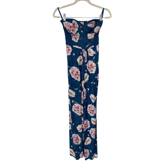 Band Of Gypsies Floral Strapless Jumpsuit Size XS Bustier Wide Leg Blue Pink NEW - Picture 1 of 9